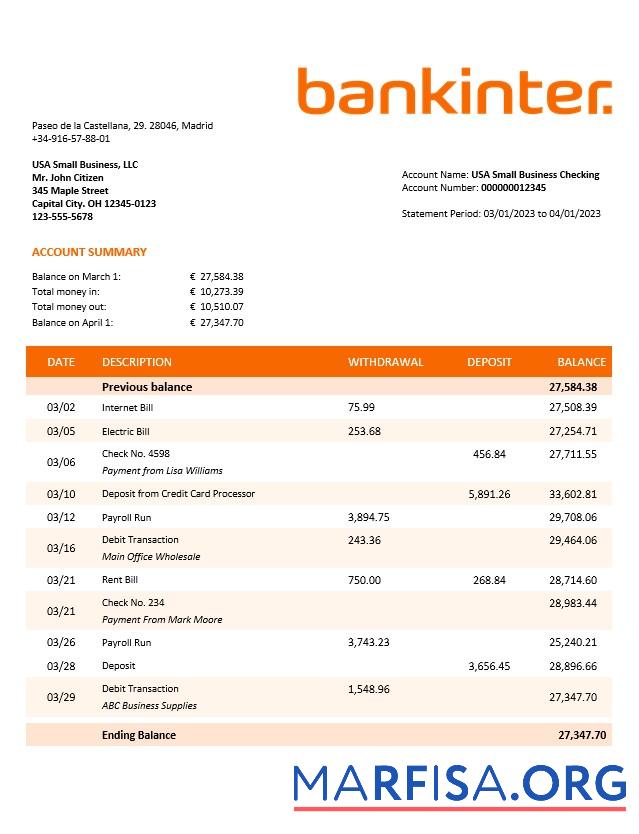 Printable Bankinter enterprise statement Word and PDF template